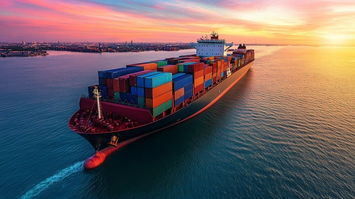 Express Link container vessel at sea during sunset, loaded with containers